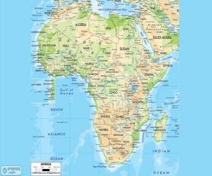 Puzzle Χάρτης της Αφρικής. Η αφρικανική ήπειρος βρίσκεται ανάμεσα στους ωκεανούς Ατλαντικό, Ινδικό και ειρηνικό. Συνορεύει επίσης από τη Μεσόγειο Θάλασσα και από την Ερυθρά θάλασσα